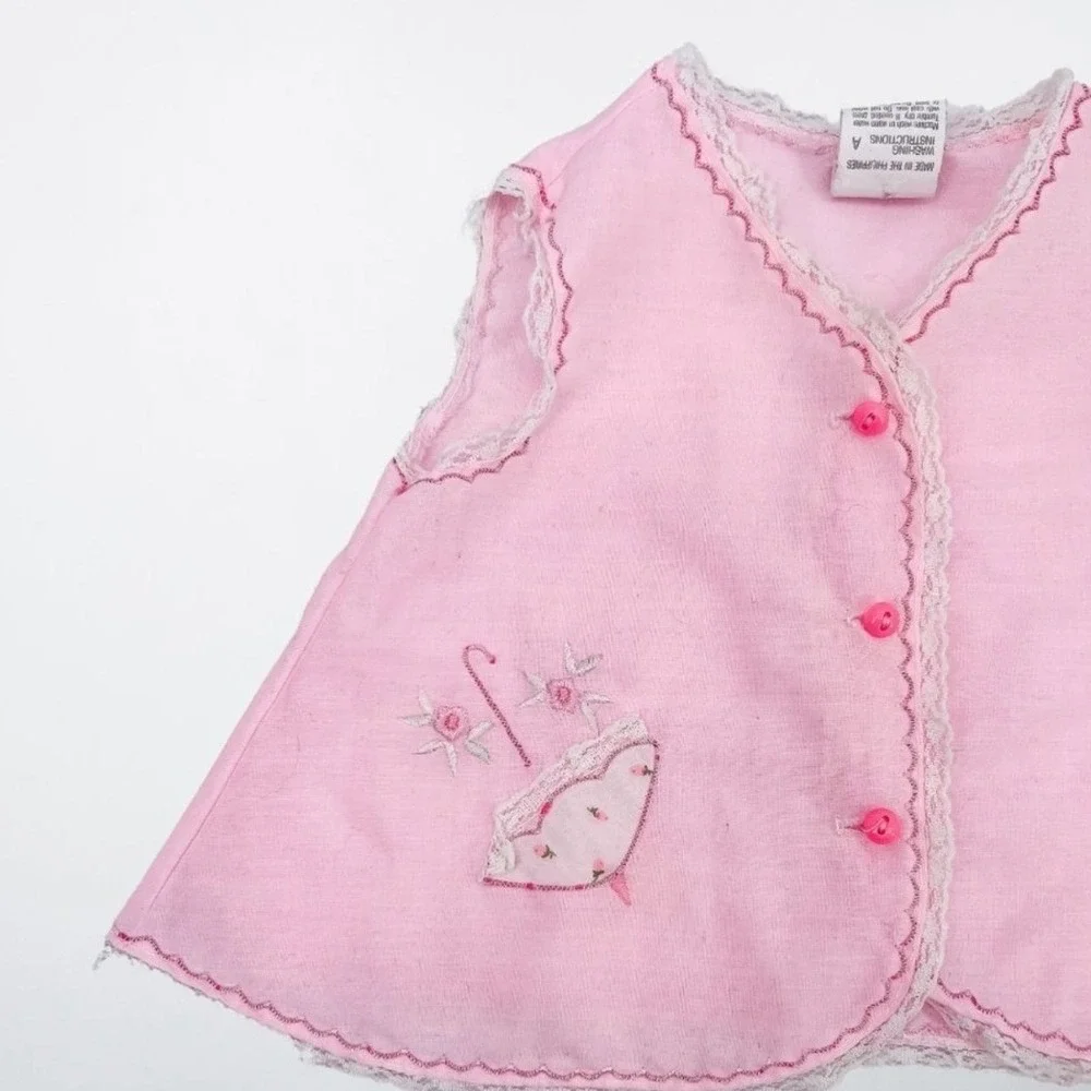 Vintage‎ Pink Umbrella Embroidered Lace Trim Baby Vest Birth to 3 Months